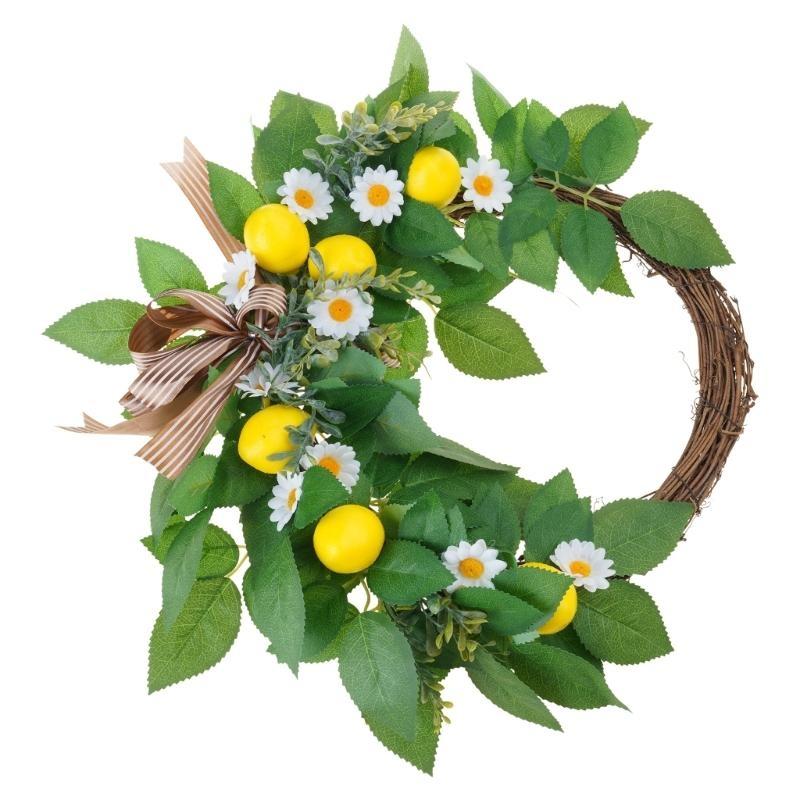 Artificial Flower Wreath with Lemon for Front Door, Spring Wreath for Front Door