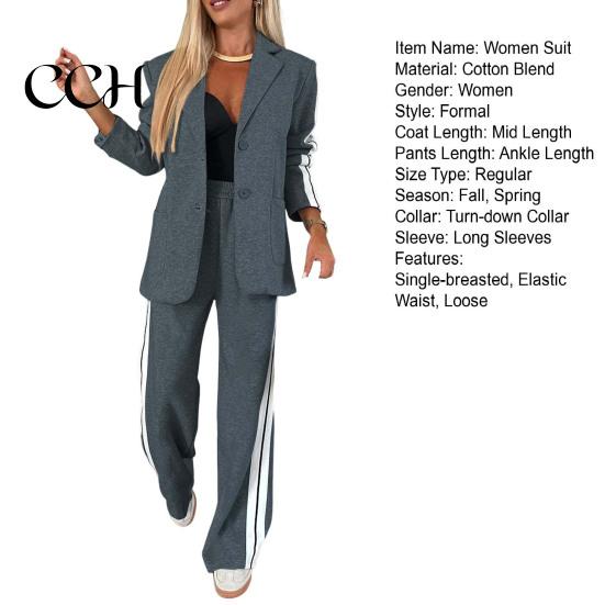 Women Commuter Suit 2 Pcs/Set Lady Formal Coat Pants Set Turn-down Collar Single-breasted Long Sleeves Autumn Outfit Jacket Loose Striped Wide