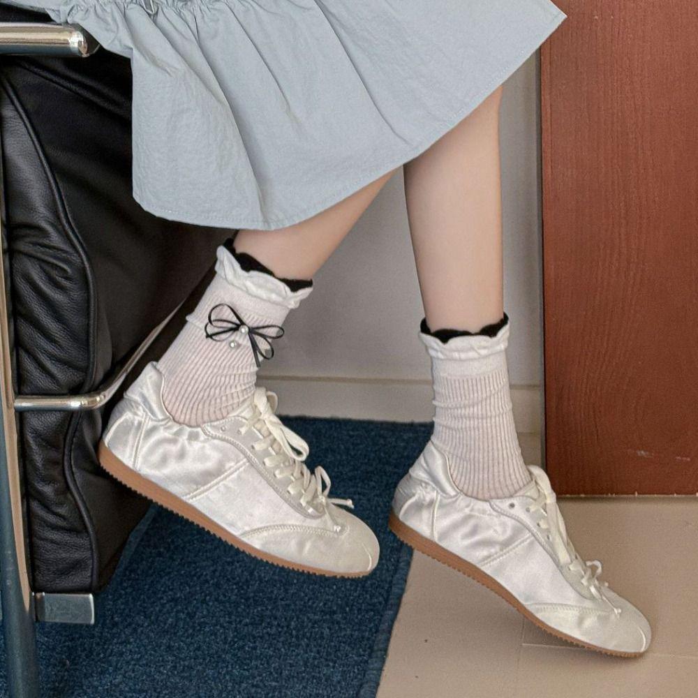 5Pairs Ins Style Bowknot Pearl Socks Ruffle Sweet Socks Women Solid Color Mid Tube Socks  Girl