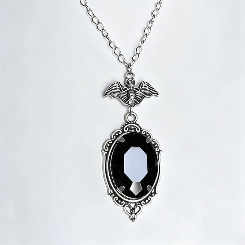 Bat Pendant Gothic Necklace With Alloy Chain Detail and Ornate Oval Statement Design for Daily Styling and Themed Gatherings