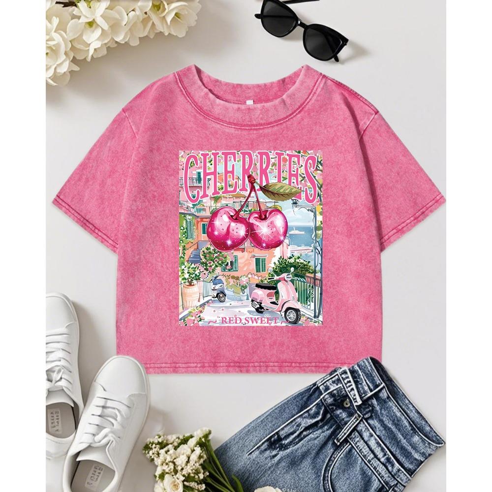 

Cherries Red Sweet Town Scenery Print Women Washed T-Shirt Casual Crop T Shirt Summer Cotton Clothes Short Sleeve XL