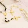 18K Gold Cross Prayer Beads Necklace for Women - Stainless Steel, 8mm, Trendy European-American Style