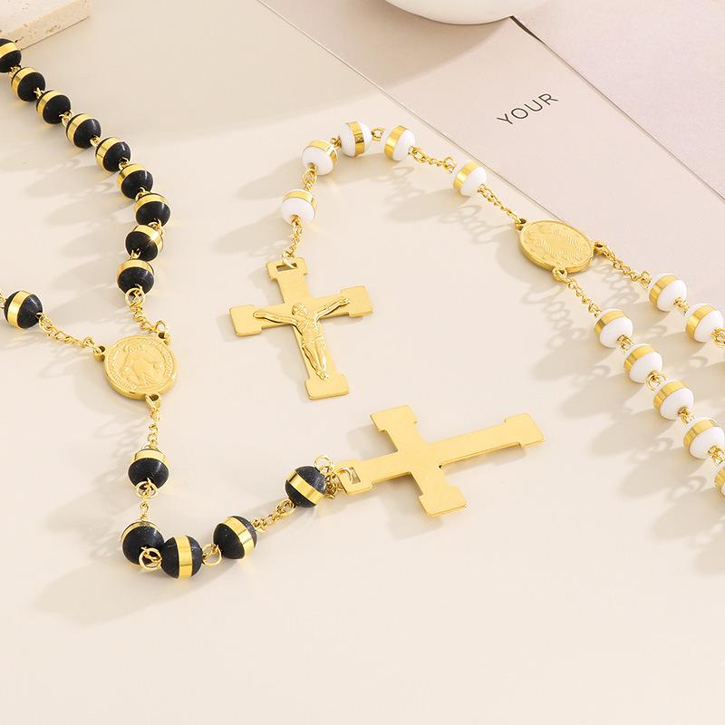 18K Gold Cross Prayer Beads Necklace for Women - Stainless Steel, 8mm, Trendy European-American Style