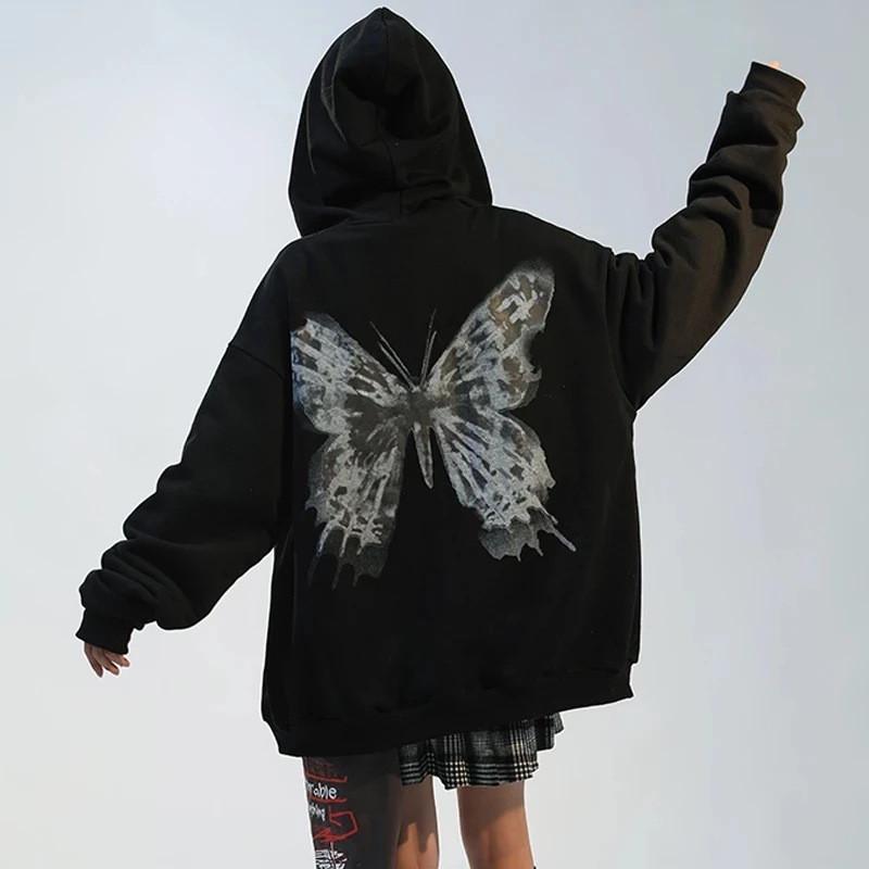 Y2k Aesthetic Women Hip Hop Hoodies Butterfly Printed Zip-up Jacket Female Goth Harajuku Grunge Punk Streetwear Coat
