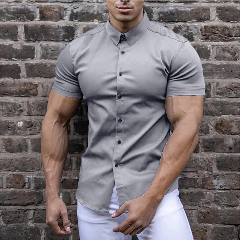 Camicia da Uomo a Maniche Corte in Tinta Unita con Colletto a Revers - Vestibilità Muscolosa