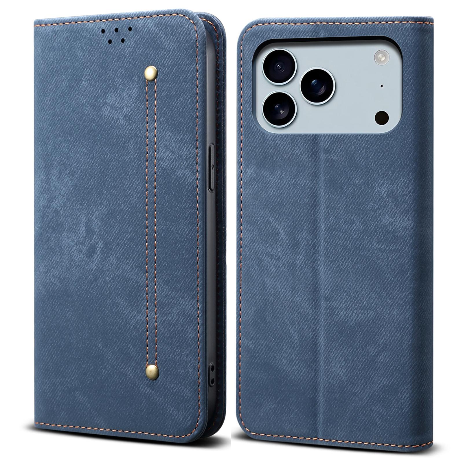 

For iPhone 17 Pro Case Jeans Cloth Texture Anti-Scratch Leather Stand Phone Cover Blue