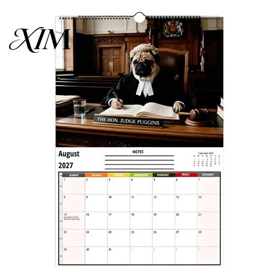 Spiral Bound Calendar 2027 Pugs Working Wall Calendar, Funny Dog Hanging Gift for Lovers 12 Monthly Planner with Unique Illustrations Home Office