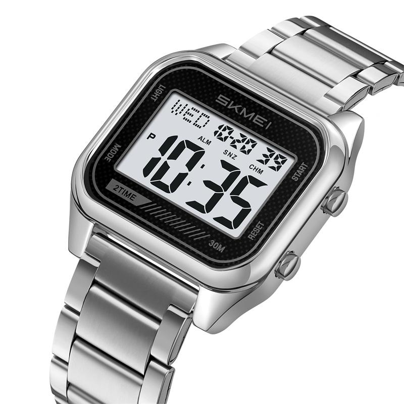 Skmei Dual Time Zones Digital Watches for Mens Luxury Full Steel Strap LED Waterproof Chronograph Fashion Sports Alarm Clock