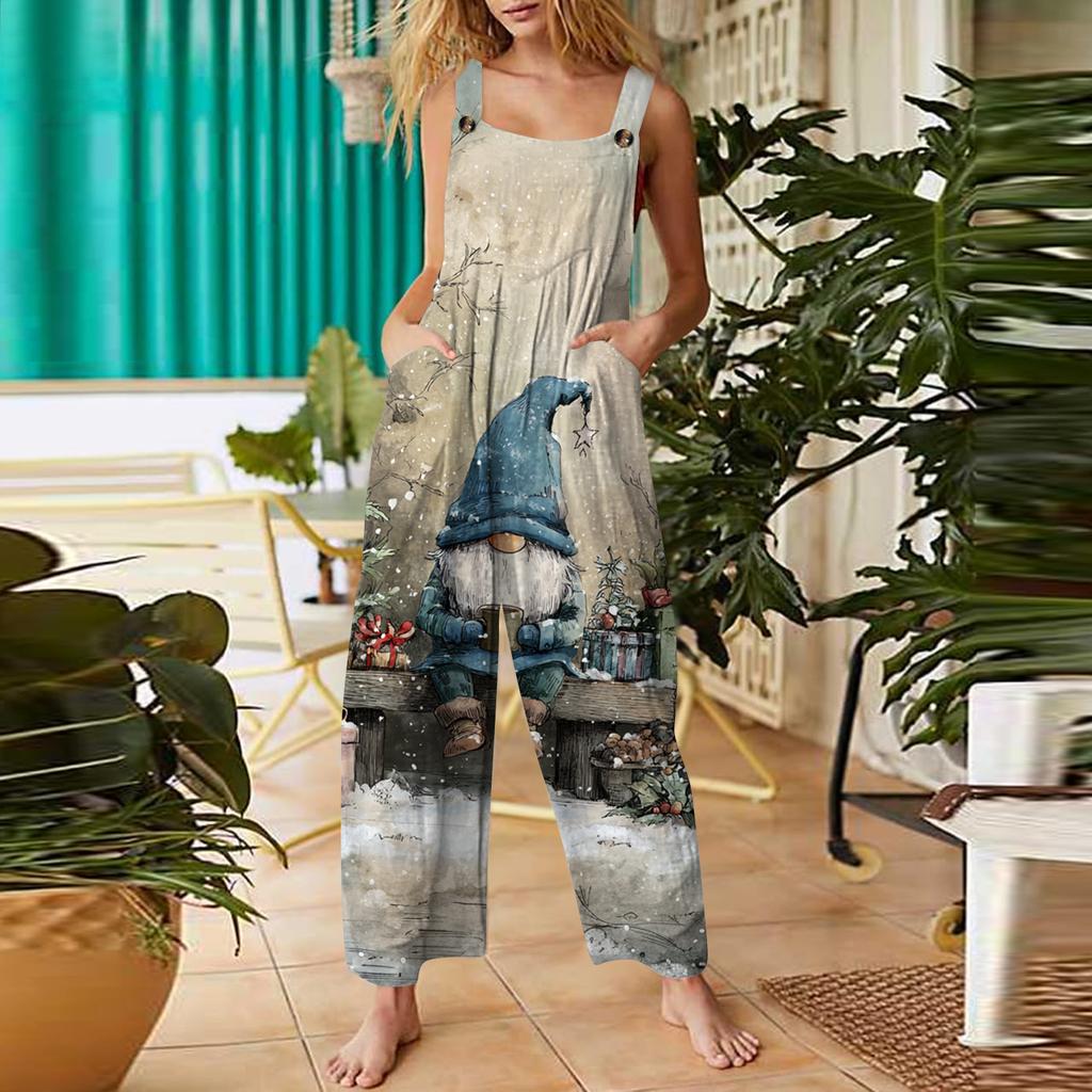 Women's Casual Jumpsuit Sleeveless Christmas Printed Cotton Jumpsuit