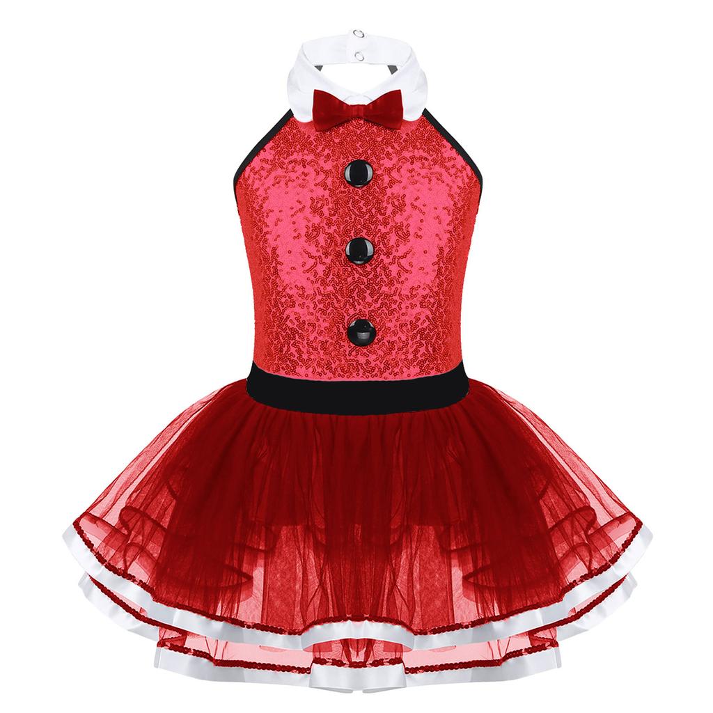 Mädchen Ärmellos Glänzend Pailletten Zierknöpfe Ballett Tanz Gymnastik Turnanzug Mesh Tutu Kleid Moderner Tanz