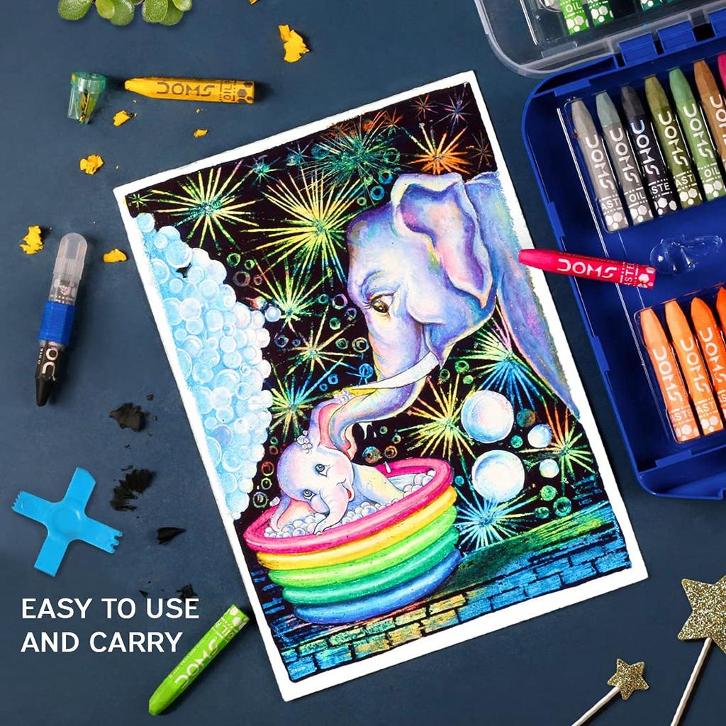 Doms 25 Shades Oil Pastels Set in Hard Plastic Case with Holder, Sharpener & Scratching Tool for Kids Art Drawing