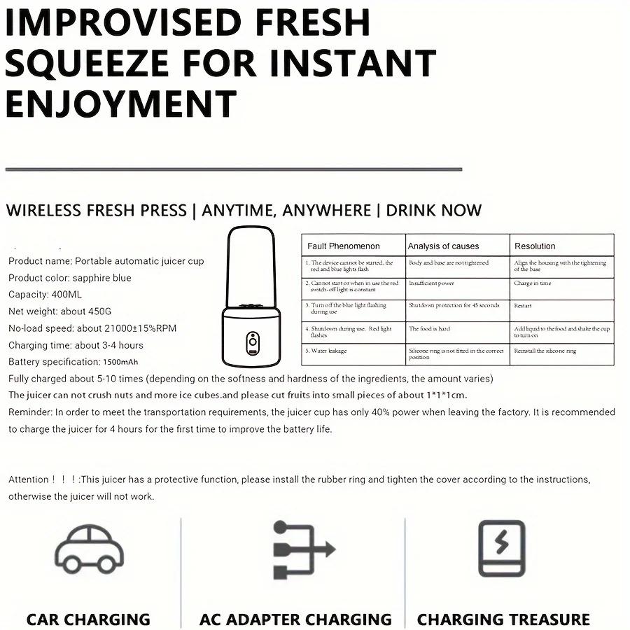 6 Klingen Elektrischer Entsafterbecher 2 Becher für Reise Tragbarer Entsafter Mixer USB-Ladung Frischer Fruchtsaft Personal Blender Smoothie