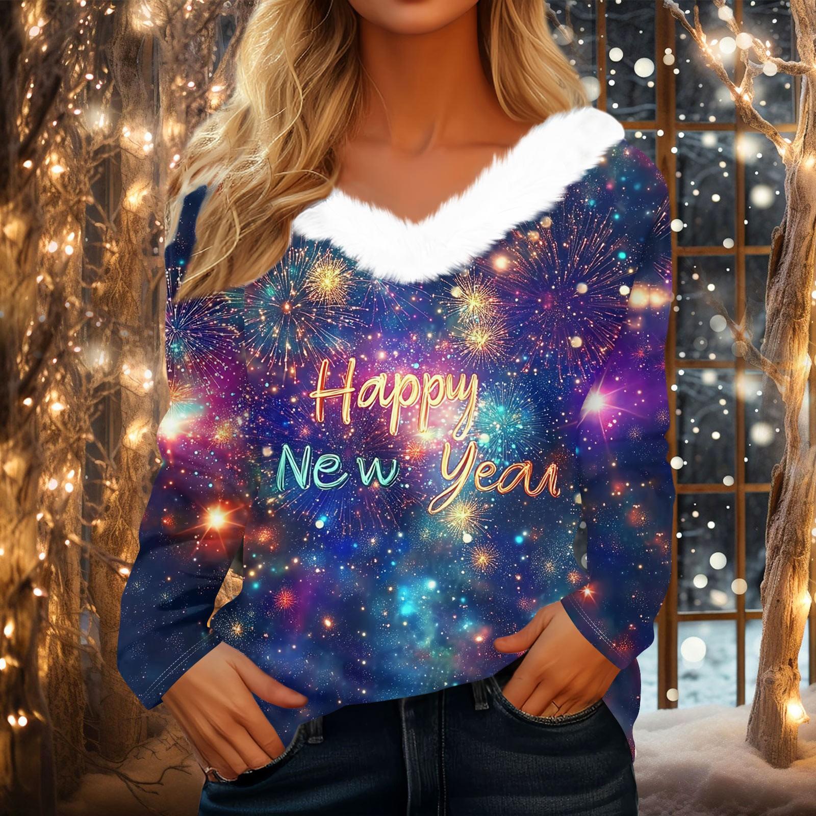 

Women s Christmas Printed Long Sleeve Shirt V Neck Casual Loose T-Shirt Tops XXL фіолетовий