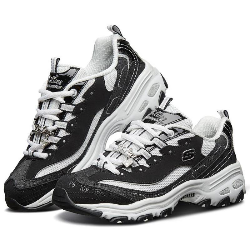Skechers D'LITES 1.0 Women Panda Shoes 10th Anniversary Diamond Print Thick Sole Height Boost Low Top Sneakers Black White 12241-BKW