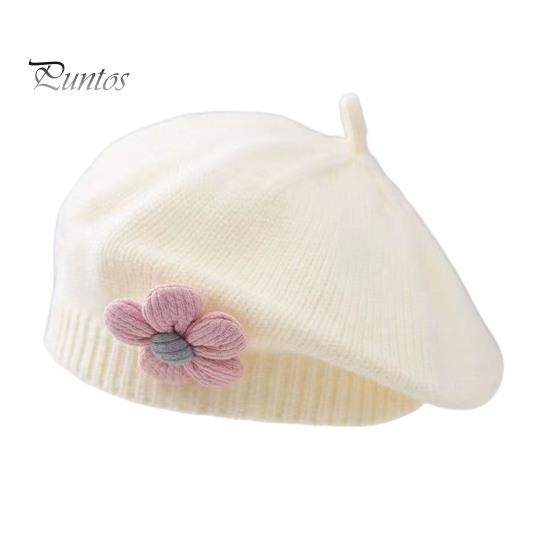 

Зимняя шапка для девочек с цветочным декором, вязаная эластичная, нескользящая, детская шапка художника, реквизит для фотосъемки, повседневный головной убор для путешествий, школы, шопинга белый