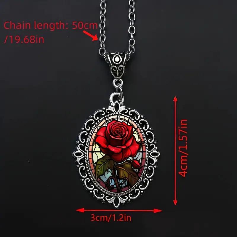 Fashionable and Exquisite Red Flower Pattern Oval Glass Pendant Necklace