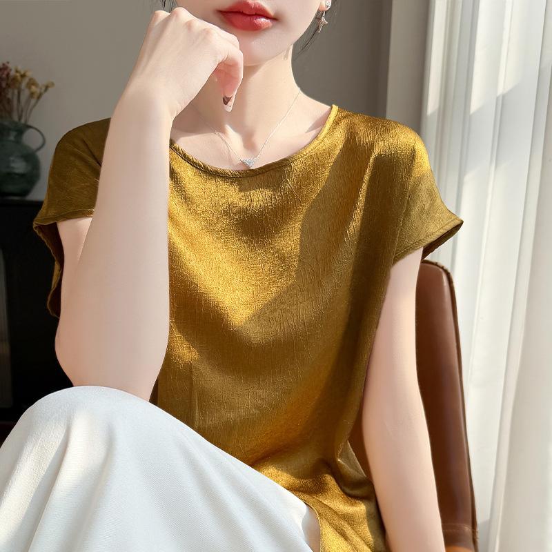 

Spring and Summer New Style Round-neck Short-sleeved Solid-Color Ruffled Pearl-Button Pullover Base Top T-Shirt for Women M золотой