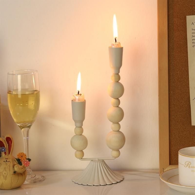 Wooden Beads Taper Candle Holder Metal Candlestick for Home Decors Weddings Party and Dining Table Centerpieces Display