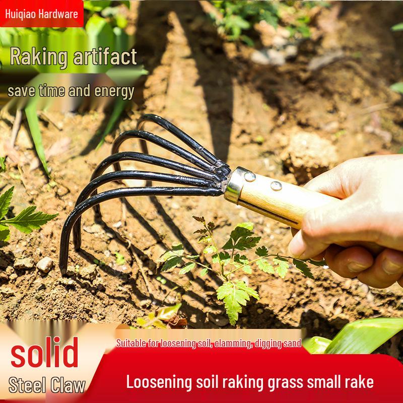 Multipurpose Five-Tine Rake for Soil Loosening, Beachcombing, Agriculture, Grass, Leaves, and Seafood Digging