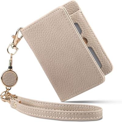 OneColor Leaf Pass Case with Reel and Strap, Stylish and Compact, Bifold Card Case for Men and Women, Perfect for Commuting and School (Beige)