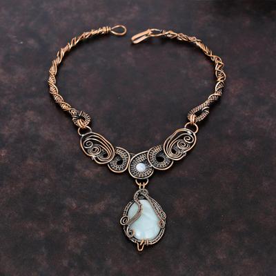 Aquamarine Necklace Copper Wire Wrapped Necklace Handmade Elegant Jewelry Rainbow Moonstone Gemstone Necklace Copper Jewelry Engagement Gift