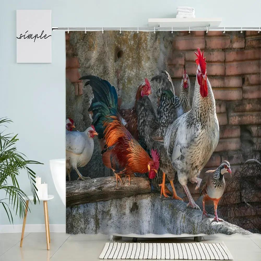Chicken Shower Curtain Feather Poultry Animals Country Retro Old Farmhouse Barn Bathroom Wall Decor With Hooks Waterproof Screen