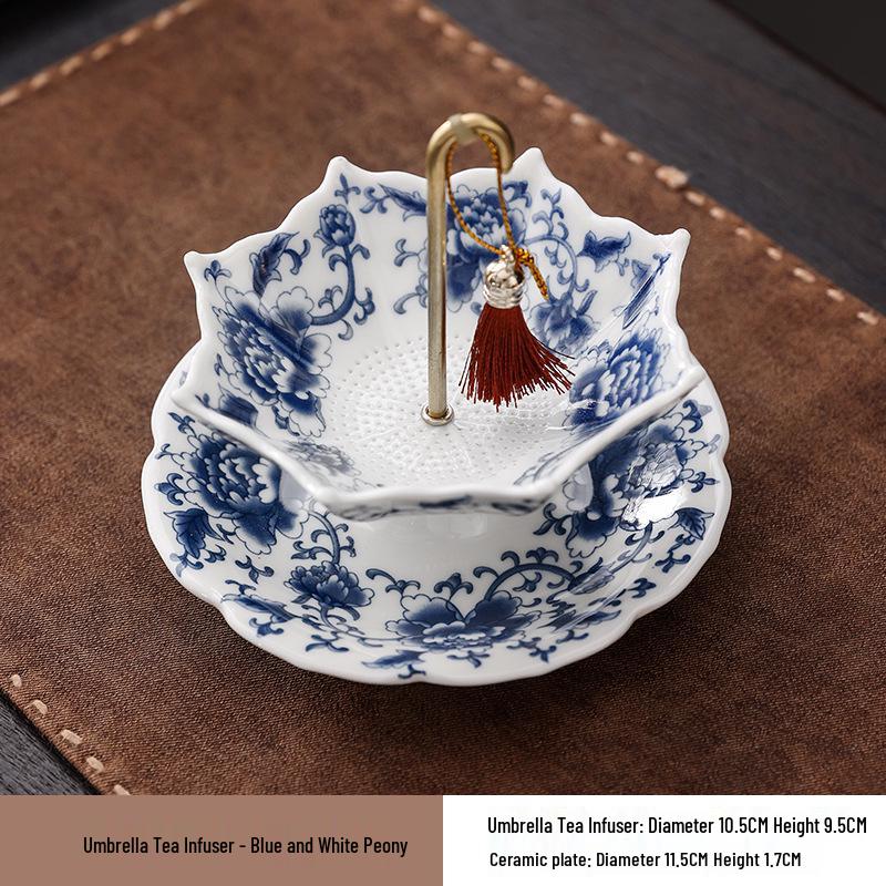 Creative Blue & White Porcelain Umbrella Tea Strainer - Ceramic Rotating Filter & Tea Table Decoration