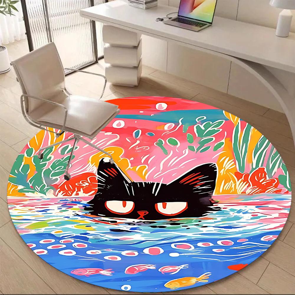 

1PC Cat Swimming Colorful Office Round Area Rug, Indoor Mat Suitable ForOffice, Under Office Chairs Bedroom Living Room Home Decor, Room Deco g059 80cm by 80cm