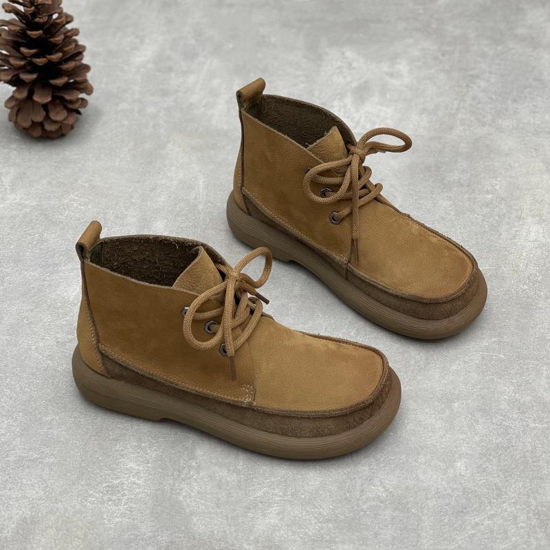 Warm Women's Cotton Boots, Flat Lace-up Round Toe Casual Soft Leather Cotton Shoes
