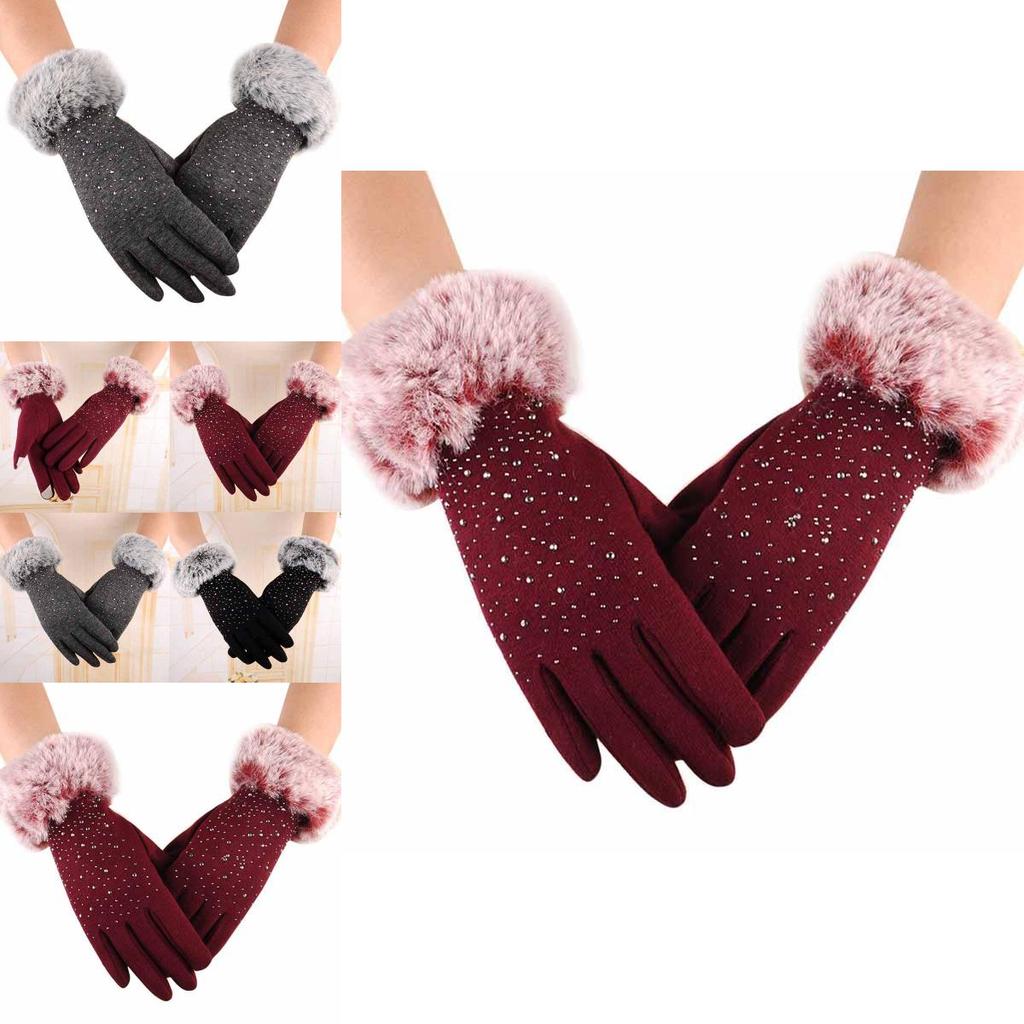 Luxurious Womens Fashion Winter Outdoor Sport Warm Fur Crystal Thick Finger Gloves Mittens