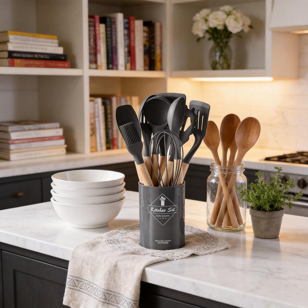 Silicone Kitchen Utensil Set With Wooden Handles For Nonstick Cookware And Heat Resistance