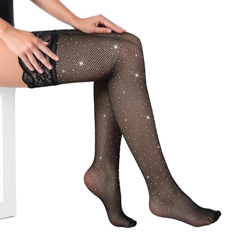 

medias Silicone Shiny Long Sock for Women Non-slip Thigh High Stockings Rhinestone Bling Hot Girl Club Wear Fishnet Lace Hosiery have silicone