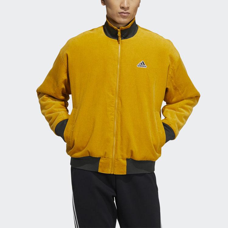 Adidas Corduroy Jacket with Embroidered Logo, Warm, Athletic, Stand Collar, Fitted Men Jacket Yellow HD0361