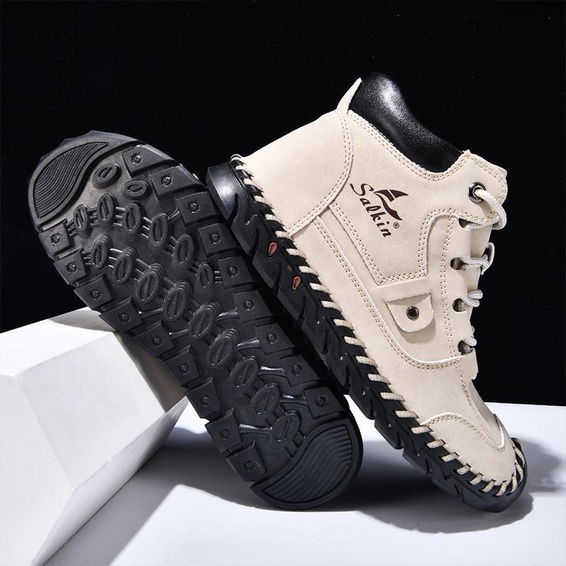 2025 large size men's color matching leather boots, men's fashion hand-stitched ankle boots flat-bottomed lace-up casual