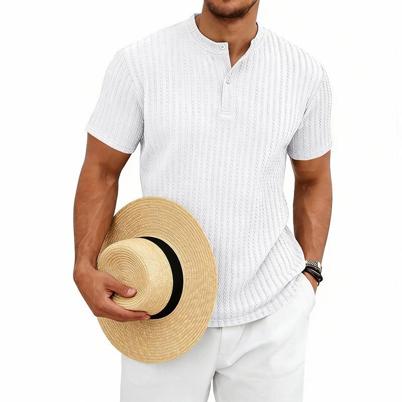 Men's Heavyweight Jacquard Stretch Short Sleeve Henley T-Shirt.
