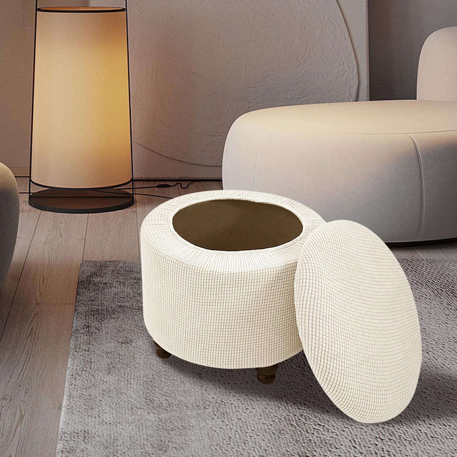 

Round Footstool Cover Stretch Storage Ottoman Chair Stool Cover Storage Footrest Slipcovers Round Pouffe Dustproof Slipcovers бежевий