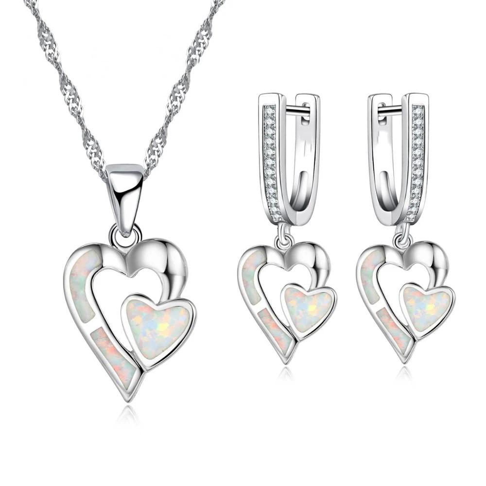 Romantic Double Heart Imitation Blue Fire Opal Pendant Necklace Earrings For Women Wedding Band Jewelry Accessories Set
