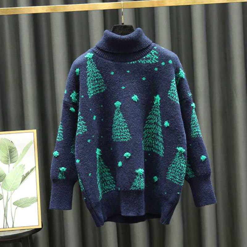 Christmas Red Turtleneck Sweater Women's Autumn Winter Vintage Casual Loose Pullovers Long Sleeve Christmas Tree Knitted Tops