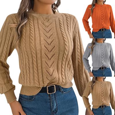 Women's Fashion Casual Loose Solid Color Round Neck Sweater Long Sleeve Pullover Top