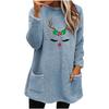 Women's Christmas Deer Print Plush Hoodie - Loose Fit, Round Neck, Long Sleeve, with Pockets
