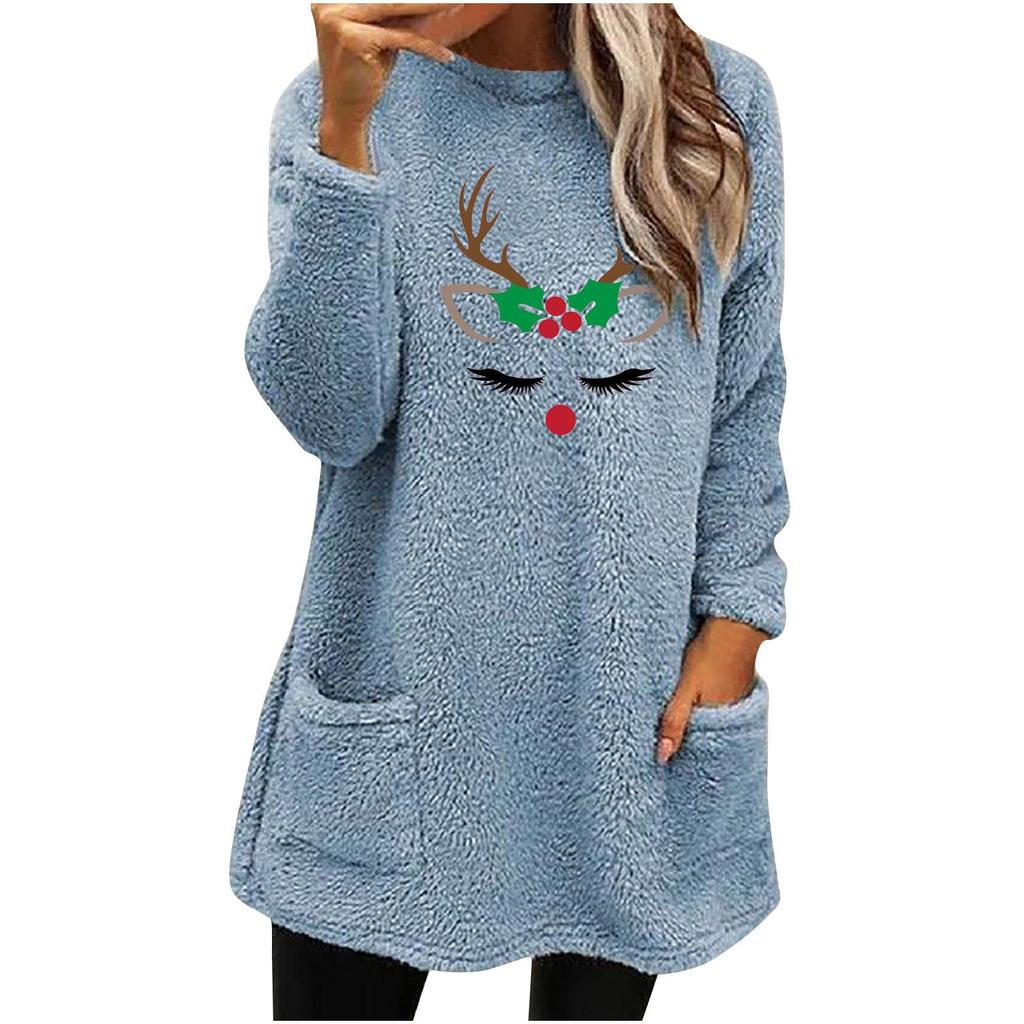 Women's Christmas Deer Print Plush Hoodie - Loose Fit, Round Neck, Long Sleeve, with Pockets