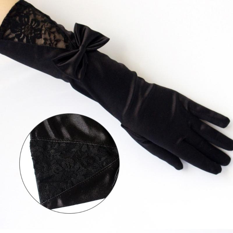 Damen Mädchen Lange Satin Schwarze Handschuhe Elegant Schleife Einfarbig Spitze Besatz Vollfinger Fäustlinge für Hochzeit Oper Party