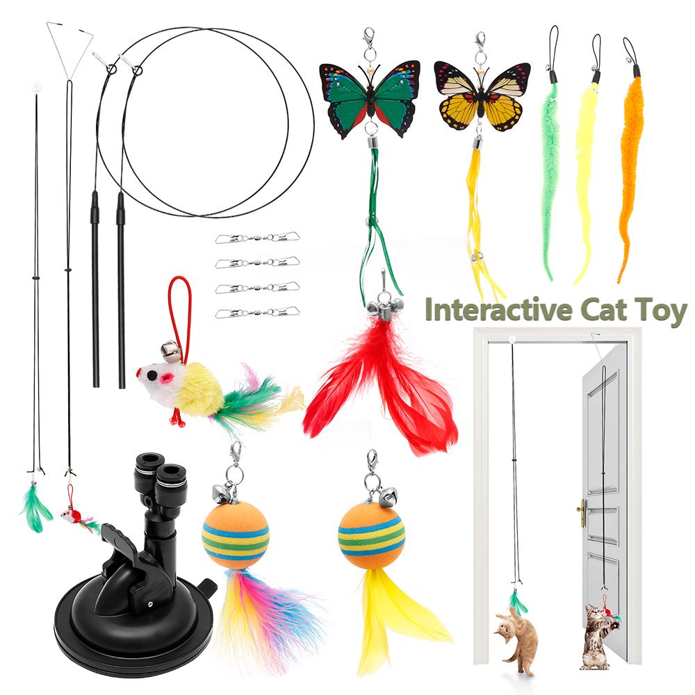 Interactive Cat Feather Toy Indoor Cat Teaser Stick with 2 Wand 11 Feather Toy Suction Cup and 2 Type Of Door Hanging Cat String