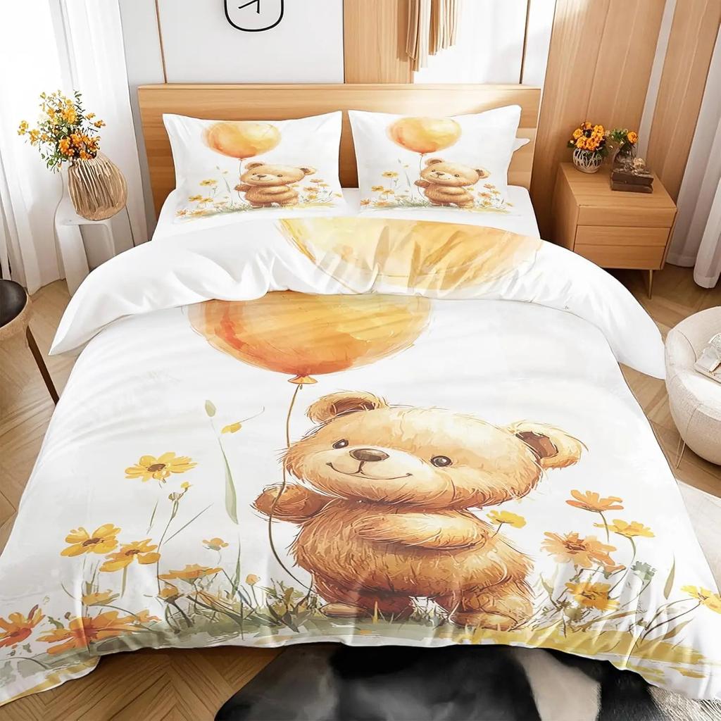 Cartoon Bear Print Bedding Set 2/3pcs Duvet Cover Pillowcase Cute Print for Children Single/ Queen King Size Bedroom Decor Gift