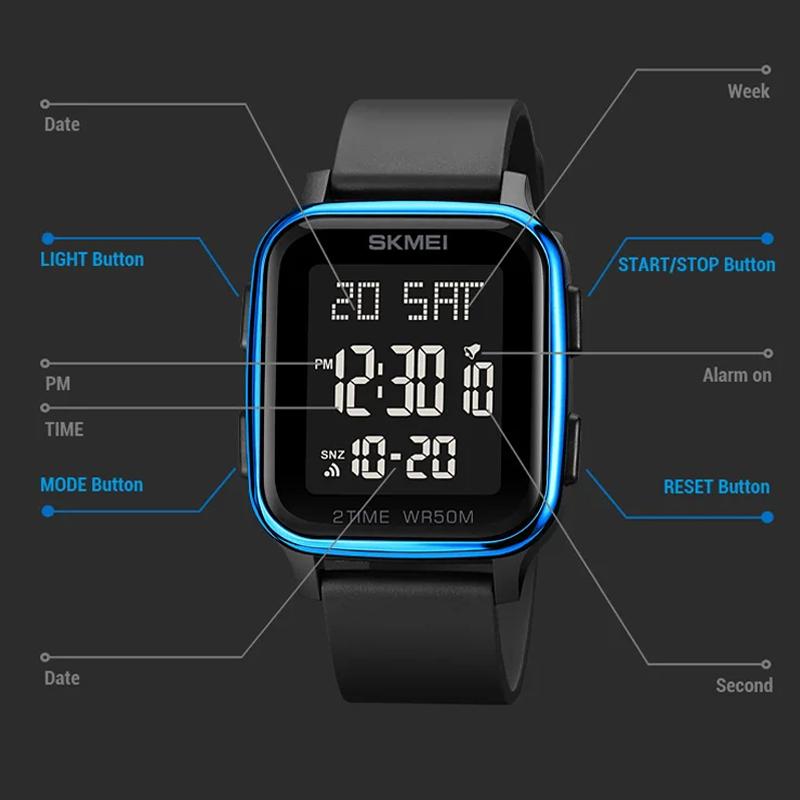 მამაკაცის 5 ბარიანი წყალგაუმტარი კალენდარი უკუთვლა ელექტრონული მაჯის საათები საათი LED სინათლის ციფრული საათი