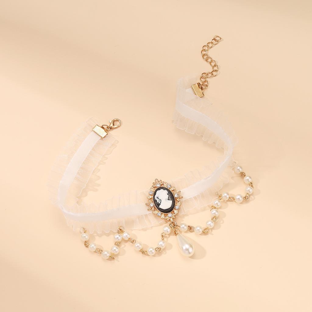 Harajuku Bead Tassel Lace Bow Choker, Minimal Elegant Short Neck Collar