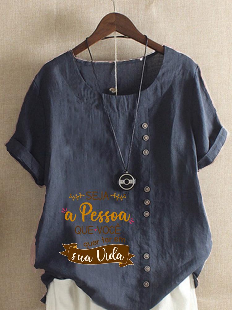 Women's Fashion Letter Print Round Neck Short Sleeve T-shirt Casual Cotton Linen Graphic Shirt Leisure Loose Summer Blouse Tops