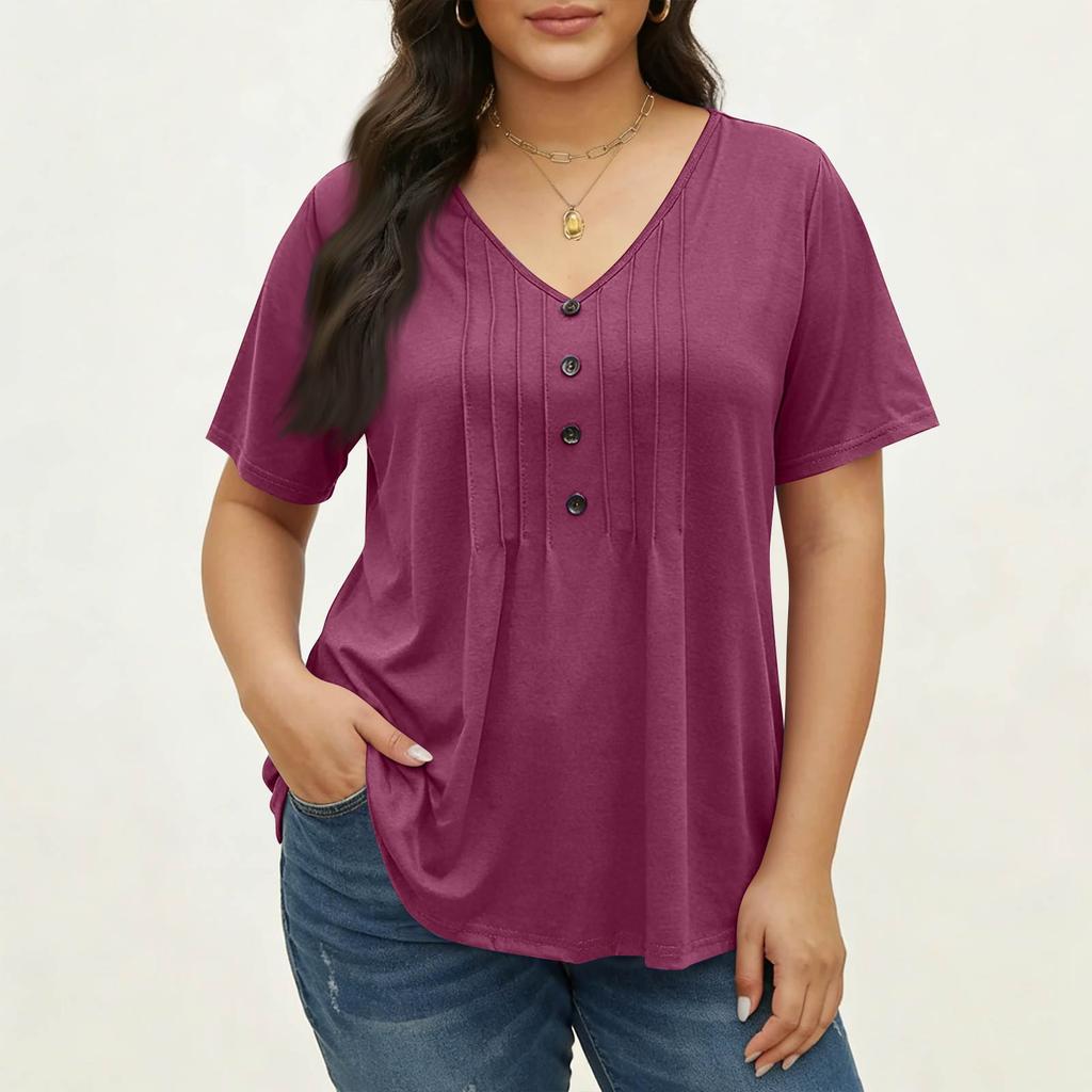 Women's Plus Size Fashionable Casual Loose-Fit V-Neck Button-Down Short-Sleeve Top