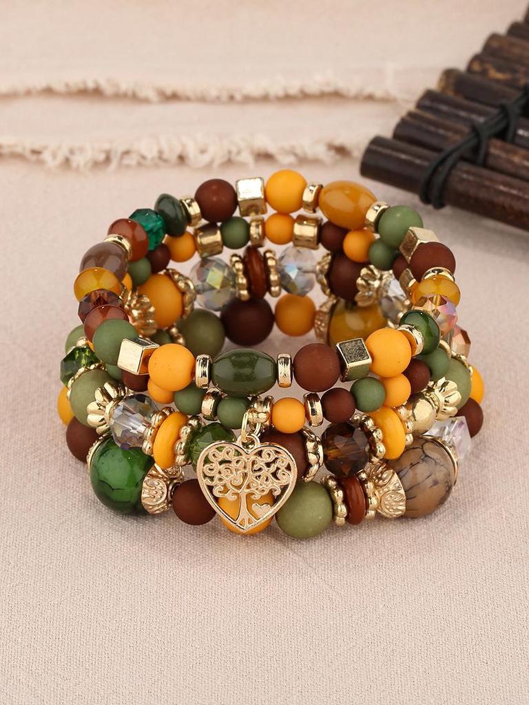 Boho Multi-layer Beaded Bracelet with Heart, Tree of Life, and Crystal Pendants
