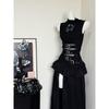Womens Gothic Vintage 2-Piece Set Sleeveless Top High Waist Split Maxi Dress Slim Fit
